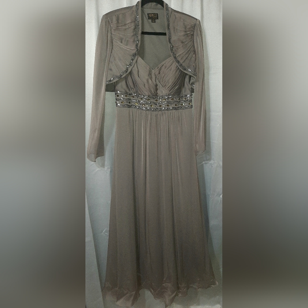Elegant Gray Evening Dress And Cover Up Jacket with Embellished Details Sz 16